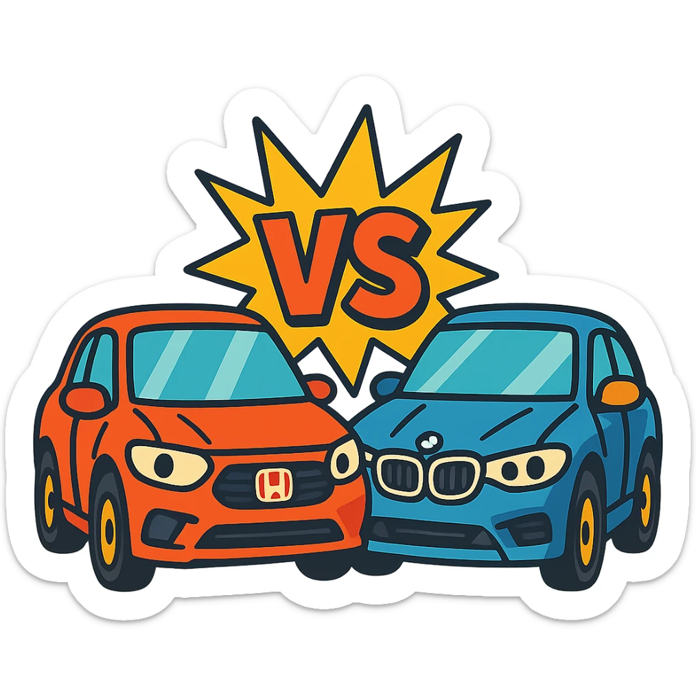 Honda and BMW cars in a fun face-off, vibrant colors sticker