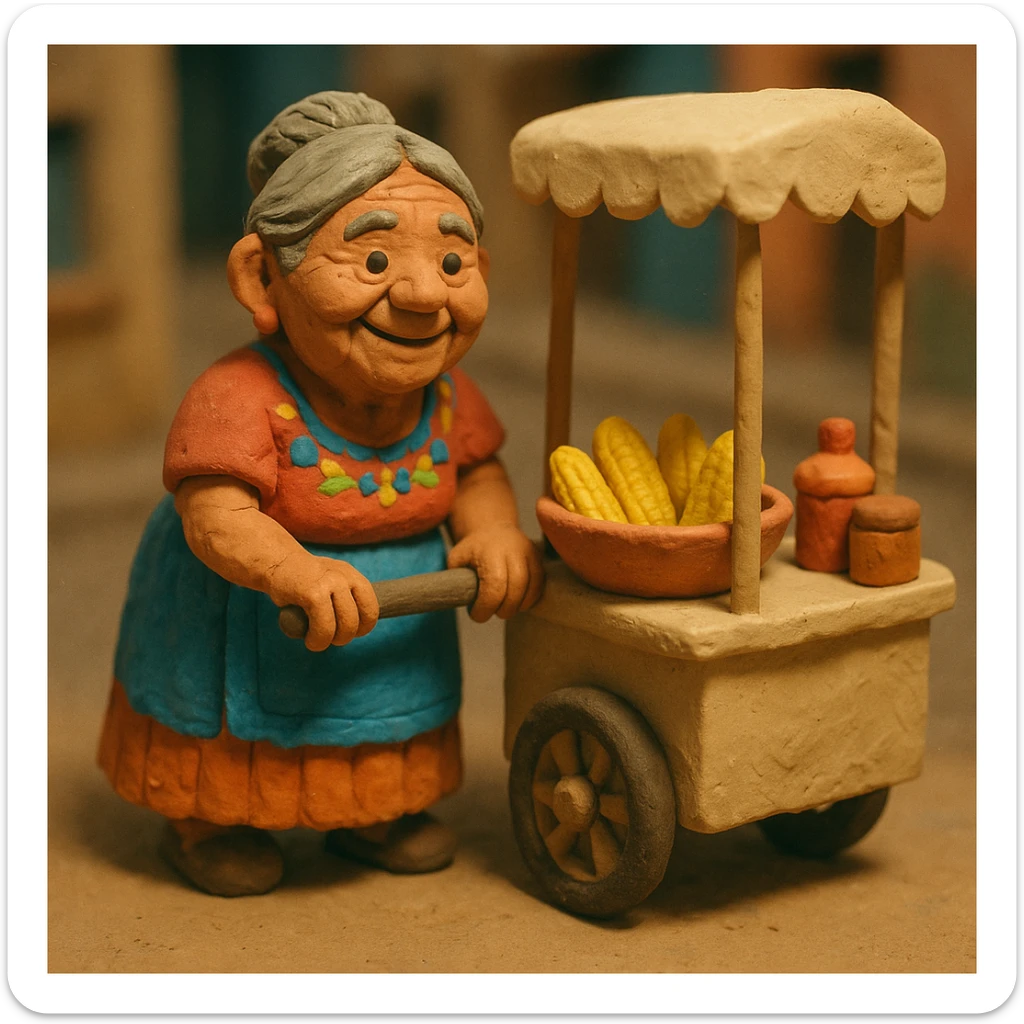 old Mexican lady pushing a food cart, warm and friendly, traditional dress, vibrant colors, street vendor, detailed, no text, claymation style sticker