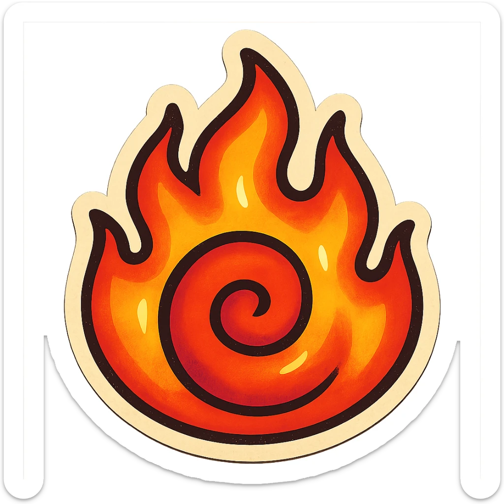 retro sticker style drawing of a flame with a spiral core, bold outlines, juicy colors, dramatic highlights and shadows, whimsical and fun fire sticker