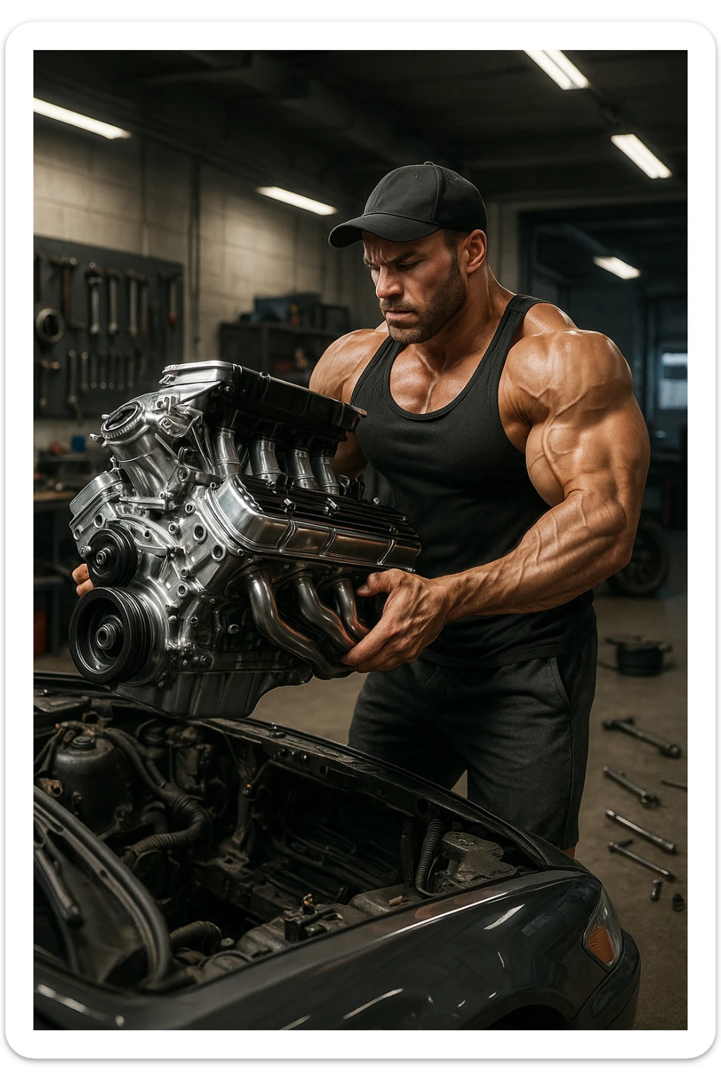 a muscular bodybuilder in gym attire stands next to a car with the hood open, lifting a large, shiny, high-performance engine with ease. His expression is focused and determined as he installs the new engine. The background is a modern garage, with tools and car parts scattered around, emphasizing strength and mechanical skill. sticker