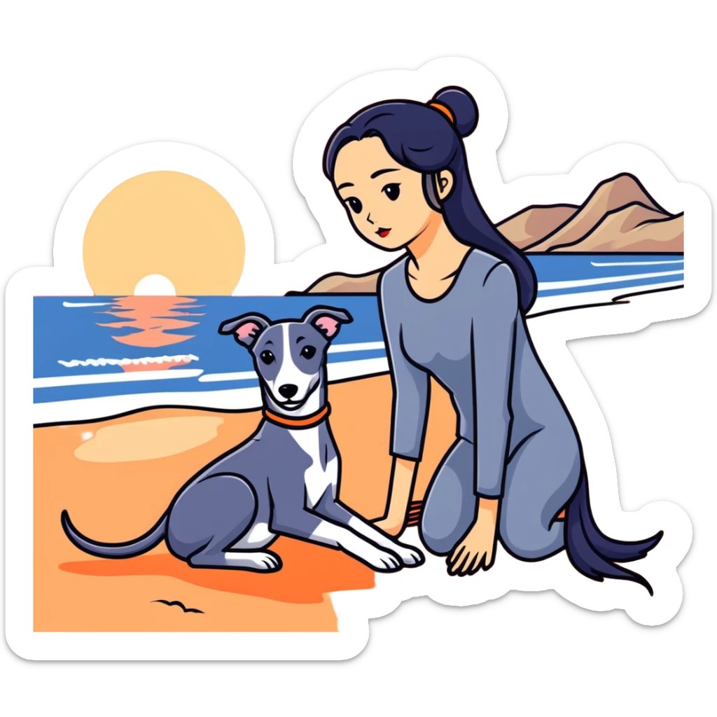 A very beautiful and attractive 25-year-old Chinese woman with long flowing black hair and a SOLID DARK GREY whippet sitting together on a beach during a beautiful sunset. The whippet MUST be COMPLETELY SOLID DARK GREY with ABSOLUTELY NO WHITE MARKINGS ANYWHERE - no white chest, no white face, no white paws, no white tip on tail - ENTIRELY ONE SOLID DARK GREY COLOR throughout the entire dog. Orange and red sunset sky over the ocean, sandy beach in the foreground. sticker
