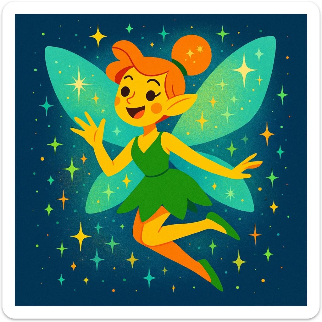 whimsical fairy with sparkling wings, magical aura, playful pose, vibrant enchanting style sticker