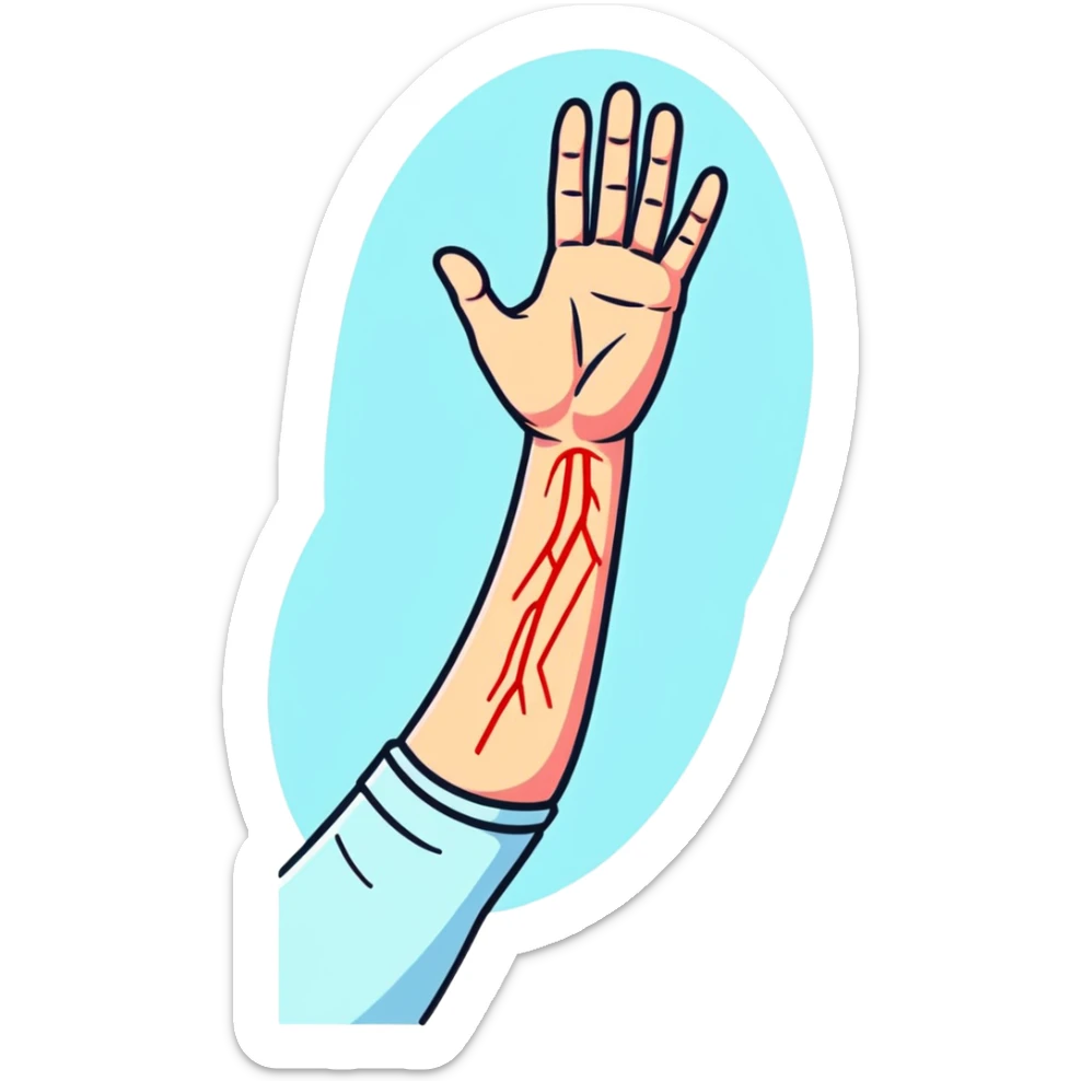 Forearm with allergy skin prick test showing red reaction bumps, 5 fingers visible at the wrist, medical procedure sticker