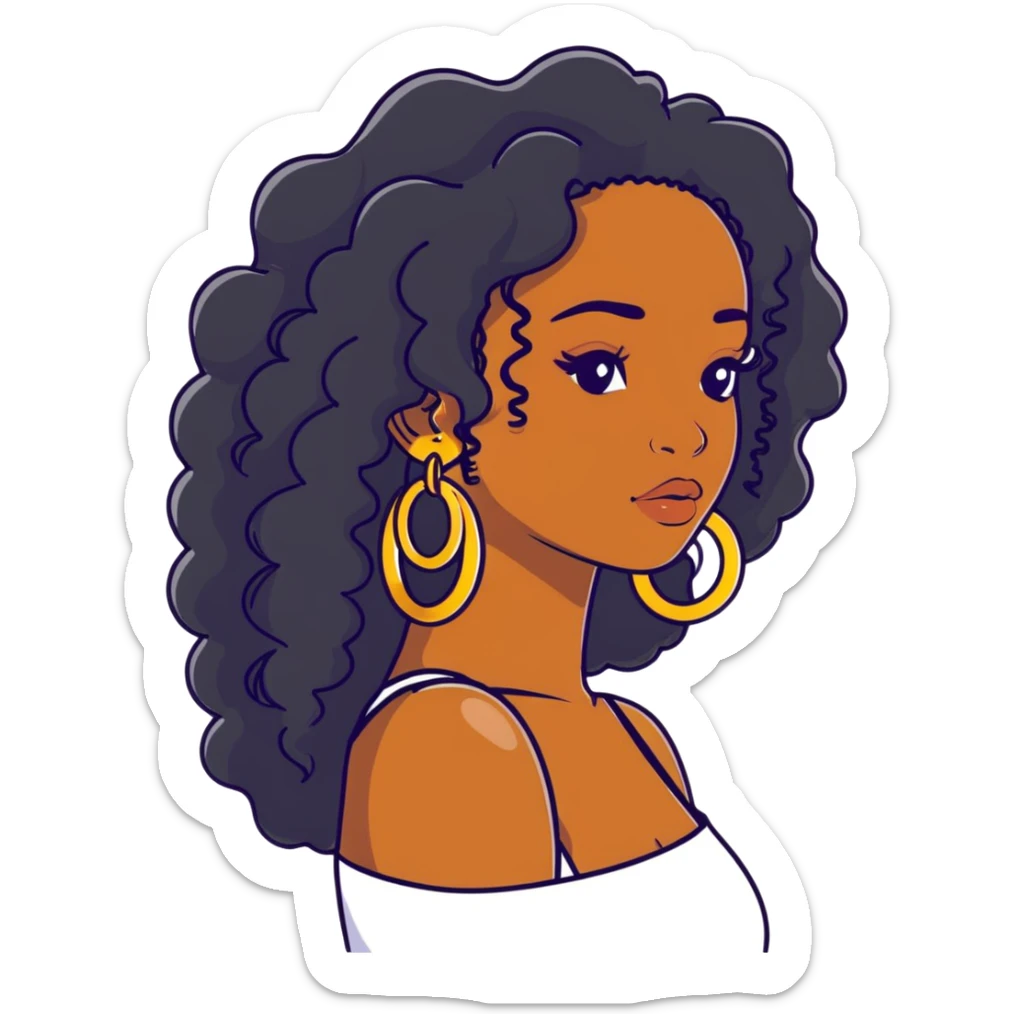 pretty black girl with long curly hair wearing gold hoop earrings and accessories sticker
