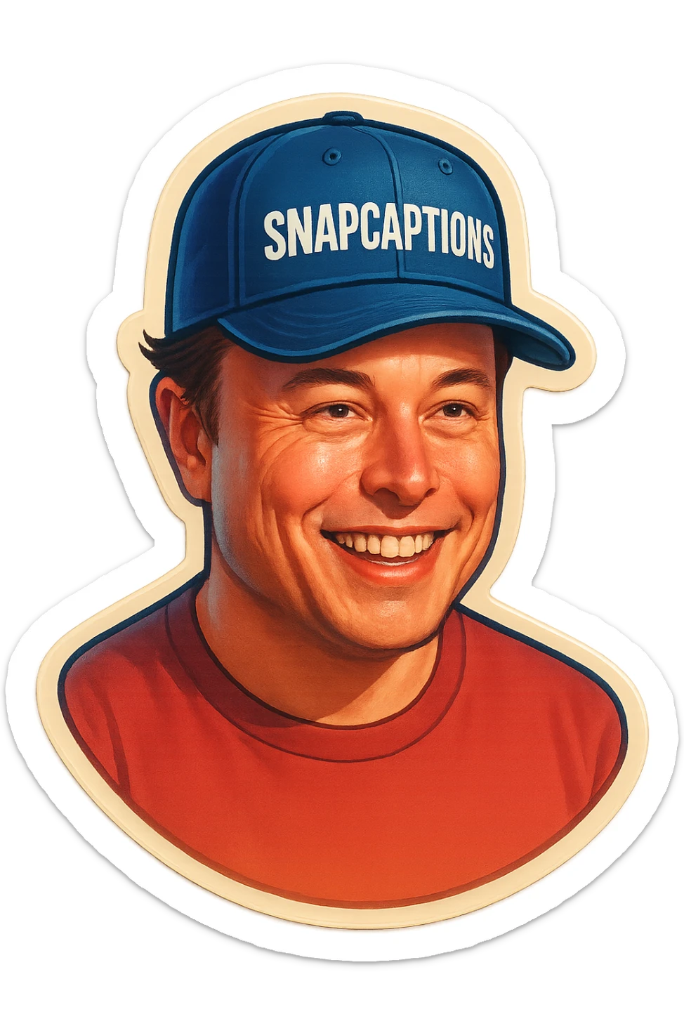 sticker of Elon Musk wearing a cap with the name 'Snapcaptions' on it, vibrant, fun, suitable for branding sticker