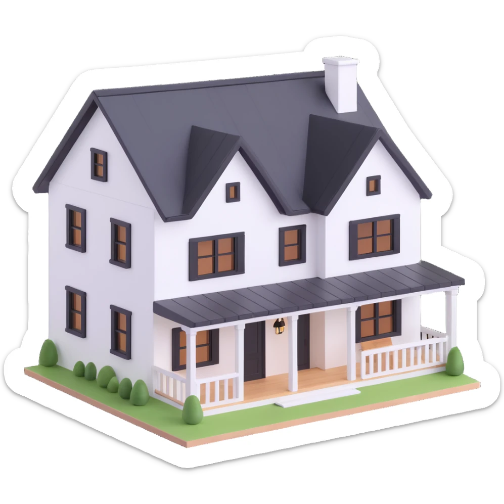 modern farmhouse dollhouse, white with black trim and wooden accents, 3d isometric  sticker