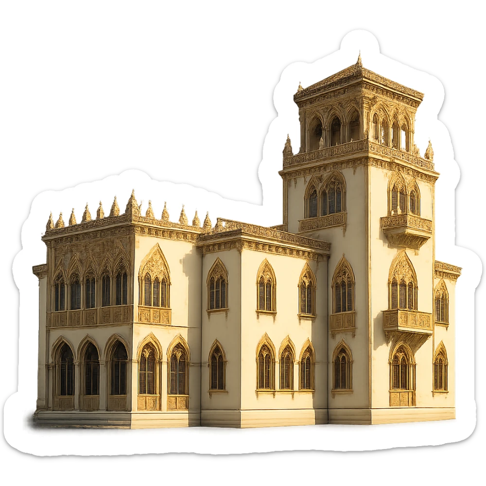 cinematic, realistic emoji of the Ringling Museum in Sarasota, Florida, featuring majestic, ornate architecture, lifelike detail, bright regal lighting as on a sunny day, building in accurate shade of white, transparent background sticker