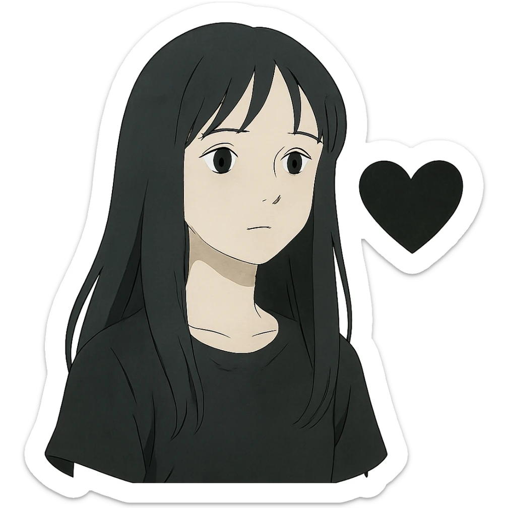 ghibli style pale girl with long black hair and a black heart sticker