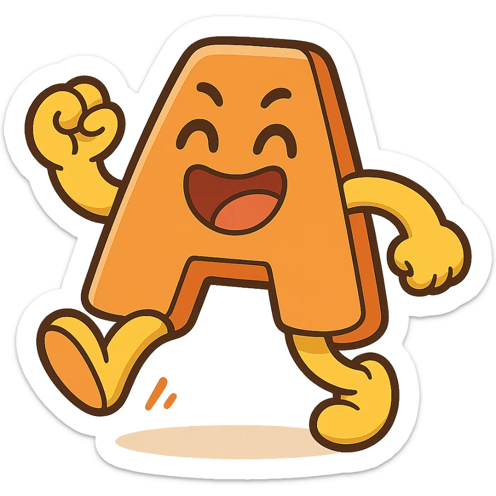 Add a jumping animation to the letter A, preserving the cartoonish style with bright colors and a transparent background. sticker