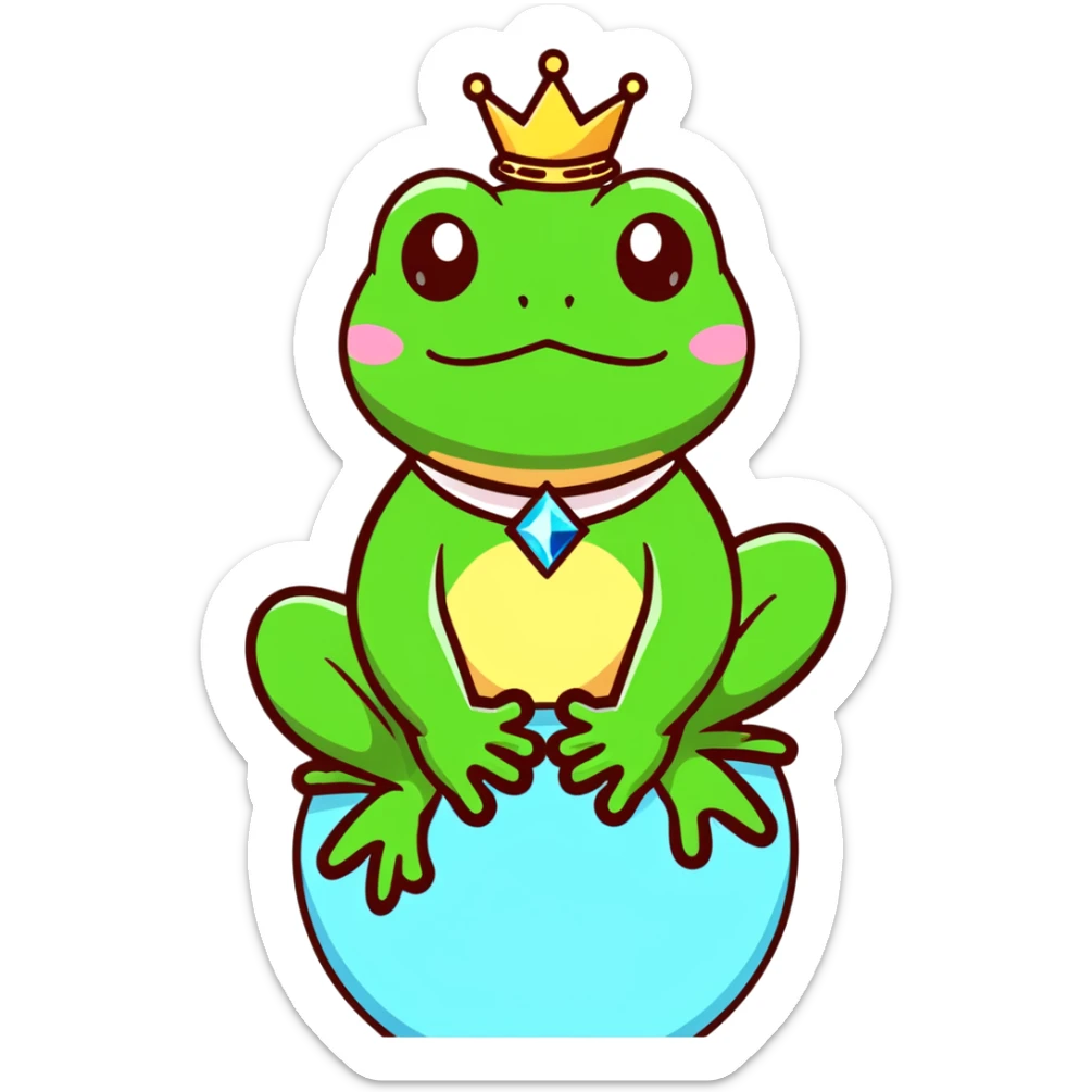glamorous frog wearing a jeweled choker, sitting on top of the world sticker
