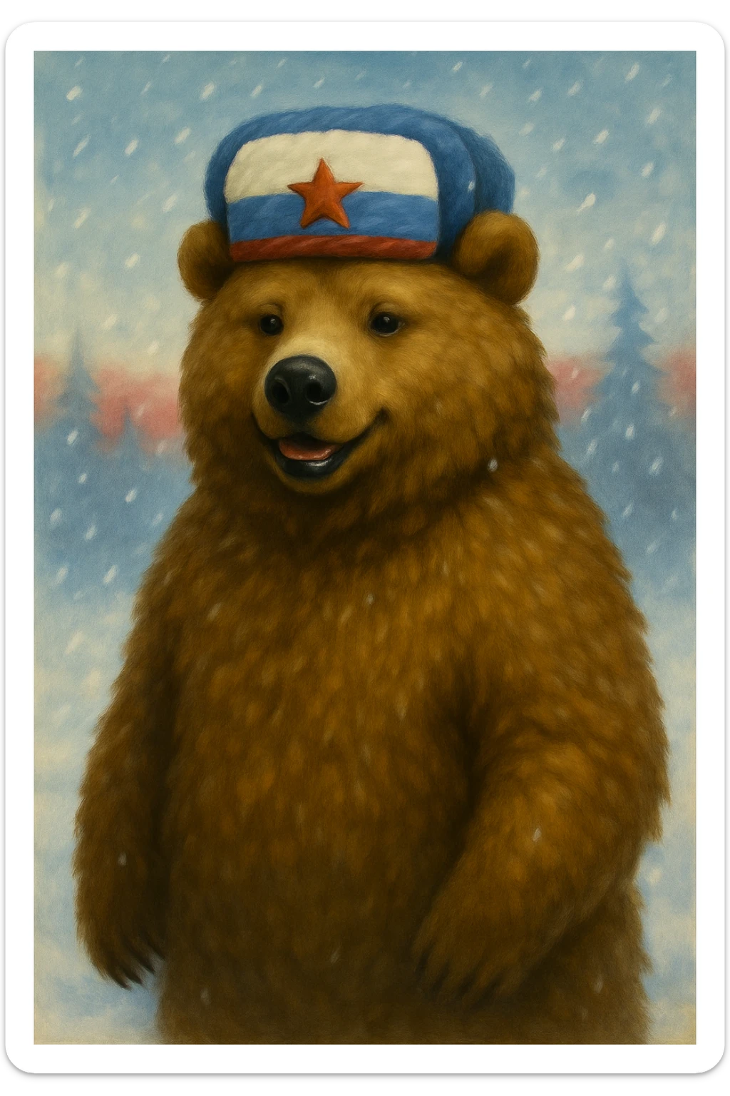 Add Russian flag colors (white, blue, red) to the bear's accessories or background, keeping the classic style and winter theme. Maintain the classic bear style with winter elements and incorporate the flag colors subtly in the accessories or background. sticker