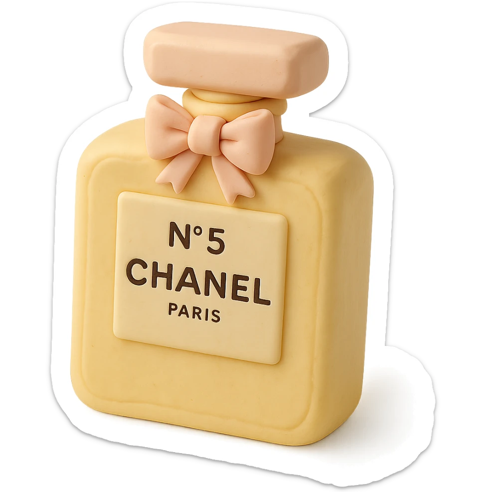 Chanel No. 5 bottle cake in fondant cake art style, pastel yellow and pink, delicate details sticker