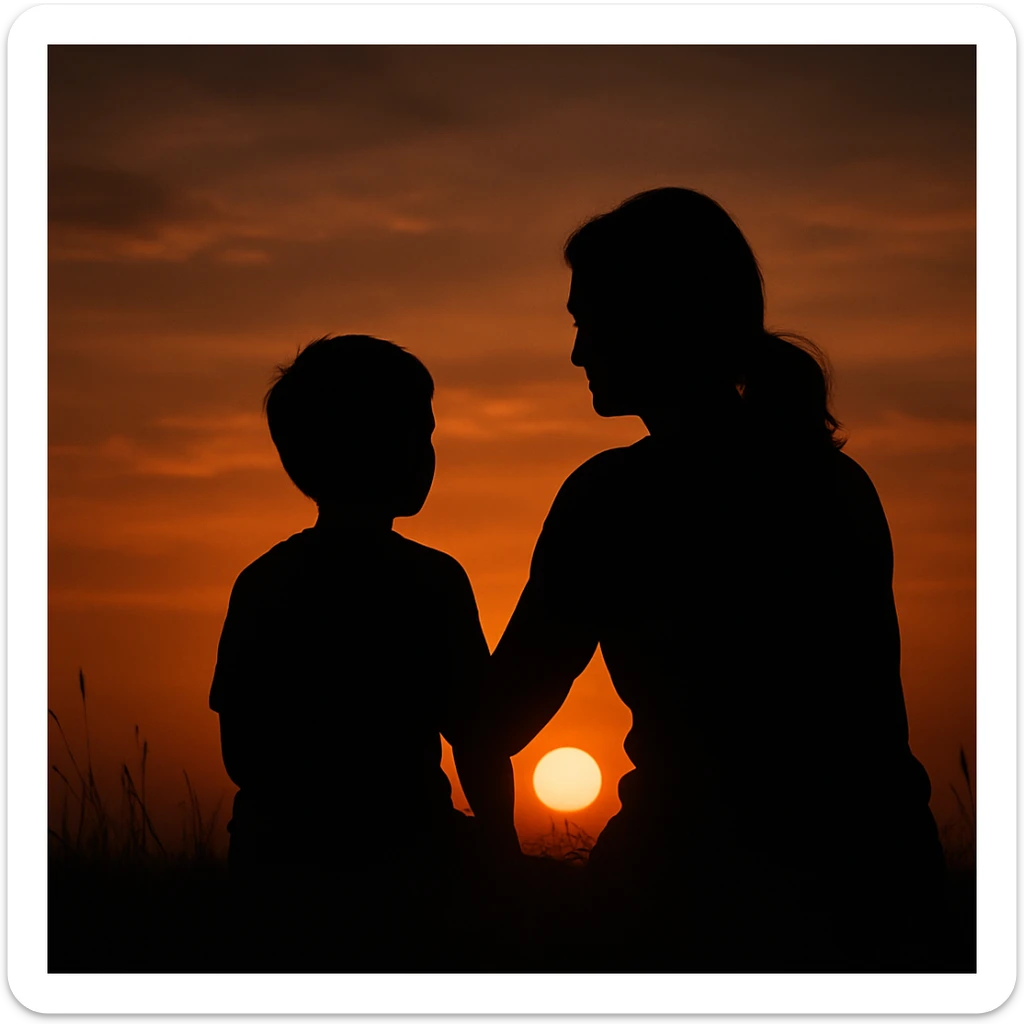 Silhouette of a mother and son watching the sunset together, serene and artistic sticker