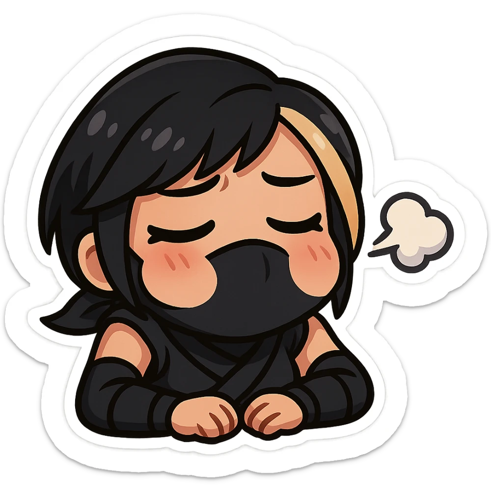 Sexy chibi ninja girl with black short hair and a blonde streak, only head and arms, colorful chibi style with bold outlines, transparent background, no mask, big sigh expression with puffed cheeks and a little sigh cloud, sized for Twitch emoji use. sticker