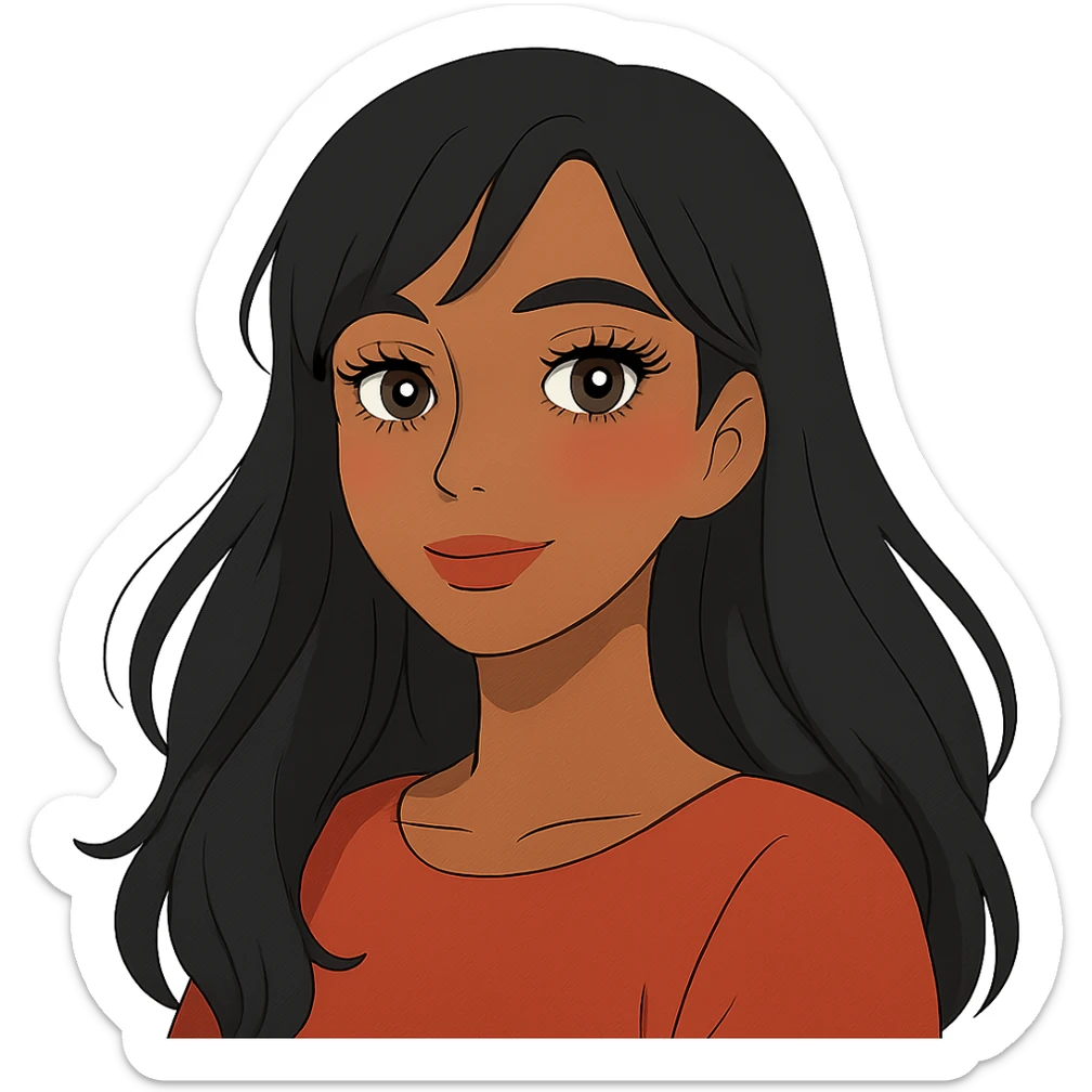 ghibli style pretty girl with long black hair, button nose, brown eyes, dark skin, pretty makeup and lashes sticker