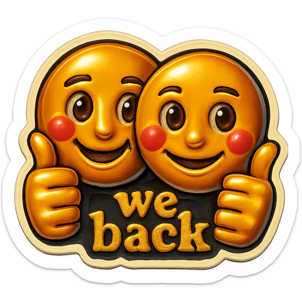 Add the words 'we back' subtly below the thumbs up, keep the rest of the emoji unchanged, preserve transparent background. sticker