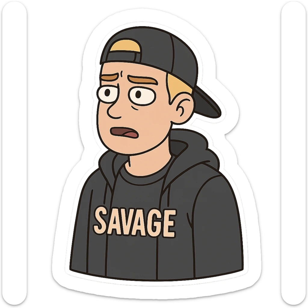 young man with short blonde hair, blue eyes, light skin, dark cap, dark hoodie over a "SAVAGE" t-shirt, white outline sticker effect sticker