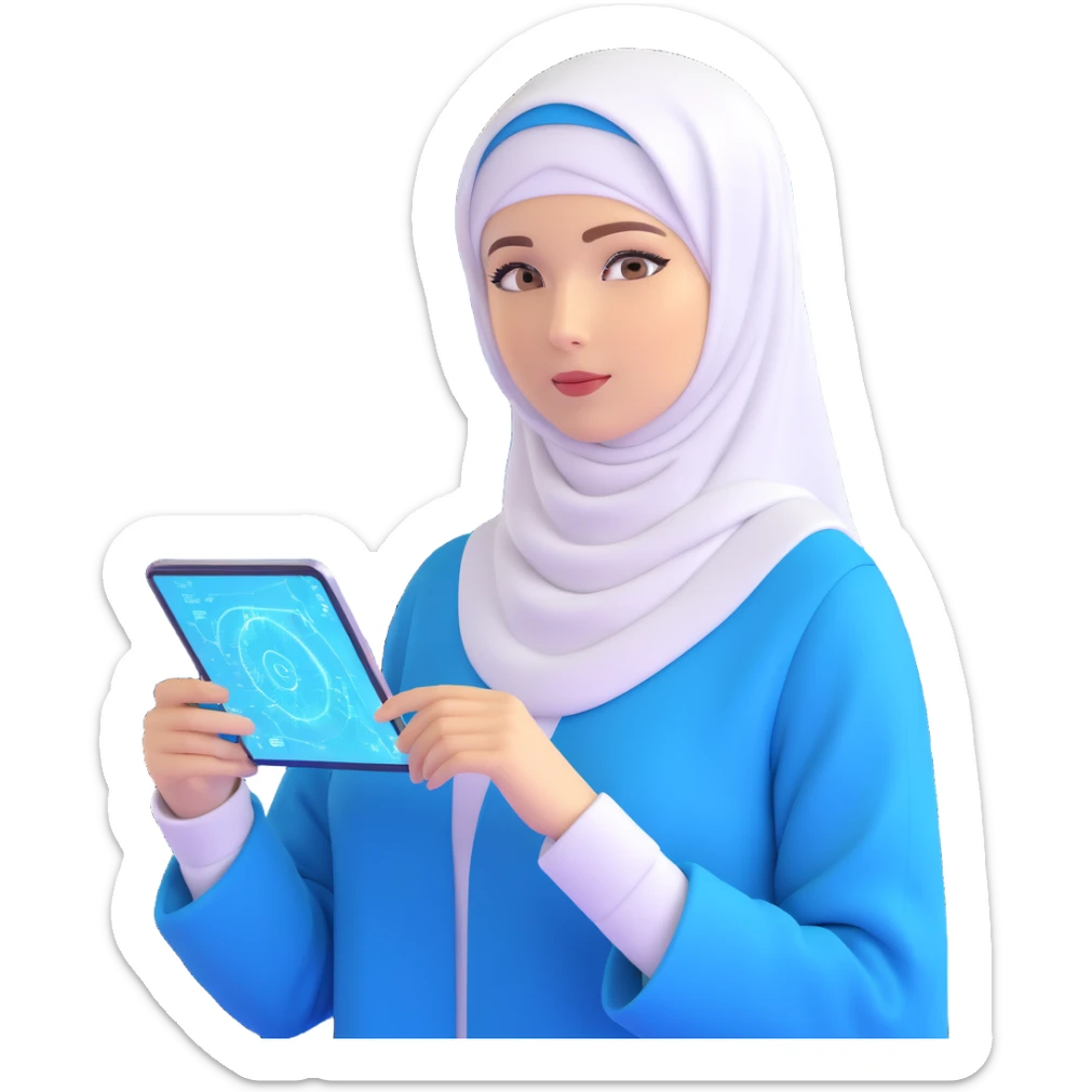 woman with white hijab wearing blue outfit, working with futuristic screens showing advanced holographic interfaces, AI visualizations, quantum data patterns, circuit networks, high-tech metaverse elements sticker