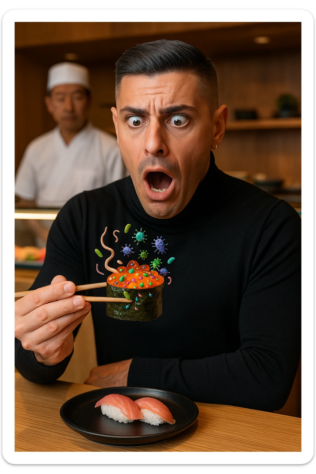 a man sits at a sushi bar, holding his chopsticks above a gunkan of salmon. As he looks closely, he notices visible parasites and bacteria—depicted as small worms and colorful bacterial shapes—on the surface of the sushi. His eyes widen and his mouth opens in shock, clearly alarmed. The background shows the sushi counter and chef, but the focus is on the man’s reaction and the contaminated sushi. sticker