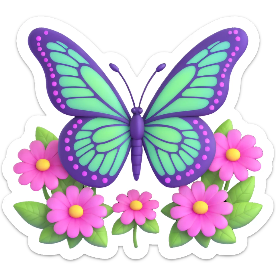an enchanting butterfly in #c0ff53 green with purple-edged wings, glowing pink accents, detailed vein patterns, surrounded by shimmering magical dust and pastel pink flowers, 3D cartoon style, elegantly fantastical, transparent background, Discord icon sticker