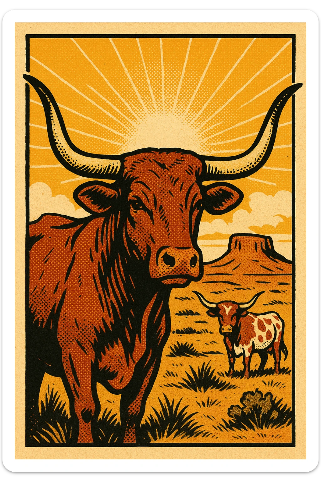 A front view of Texas longhorn cows with the American West in the background sticker