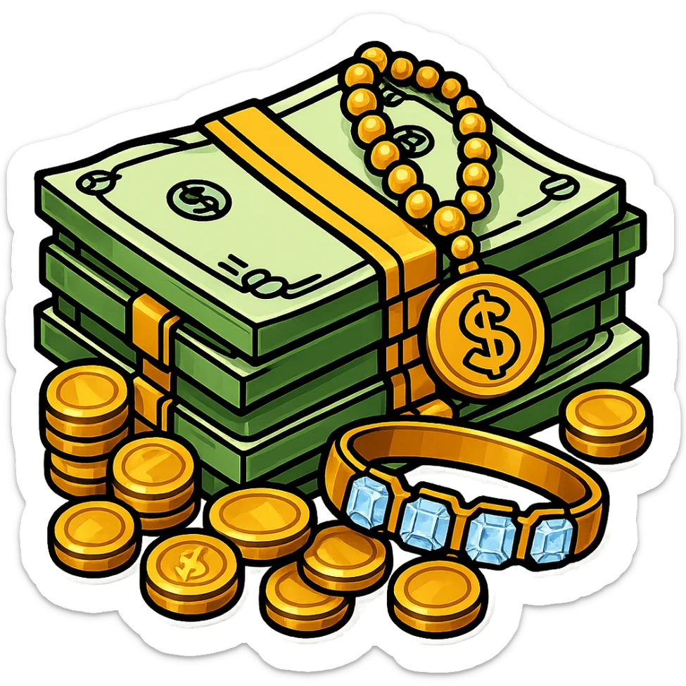 Make the stack of money look richer, add gold coins, jewelry, and a luxurious feel. The original style is sticker style, but sticker style does not support editing, so please keep the luxurious feel consistent with sticker style. sticker