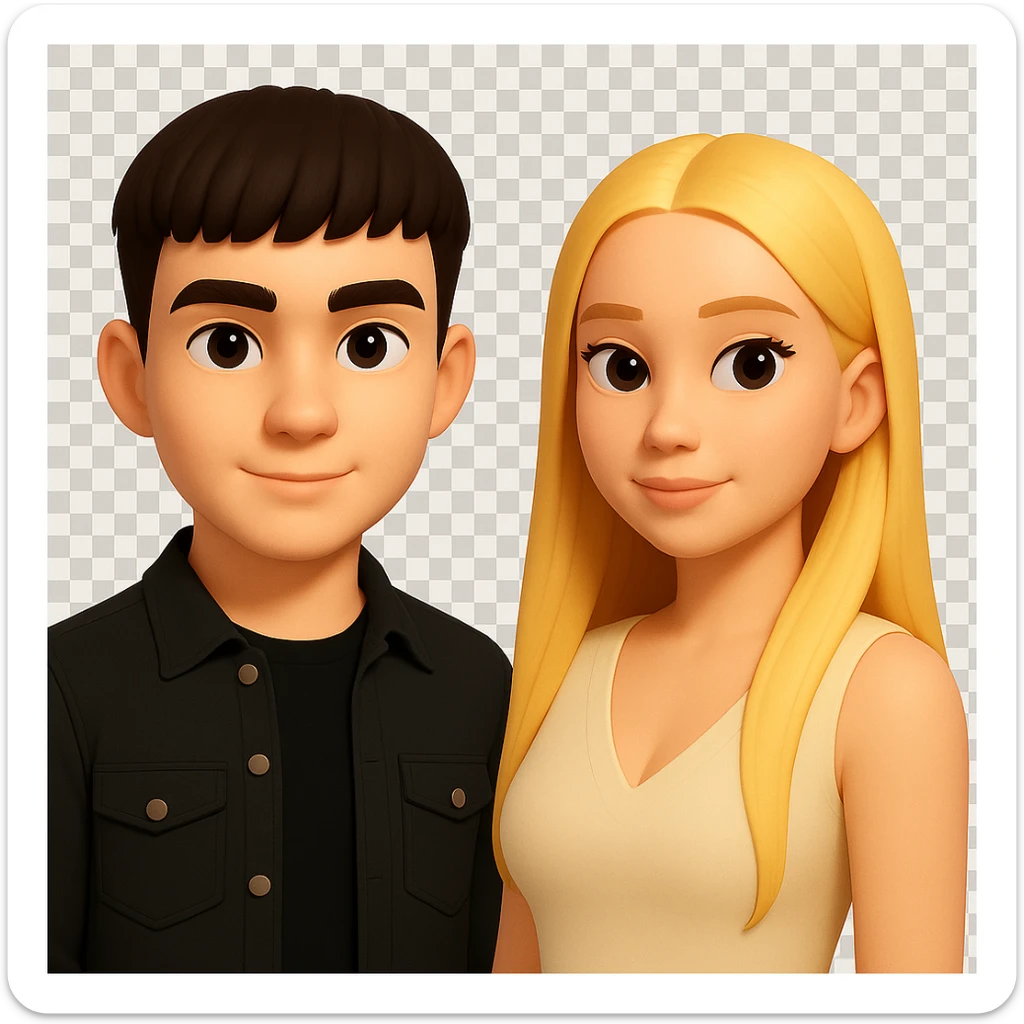 Slightly increase the volume of the upper body of the girl, separate the girl and the boy from each other, make the skin color the same for both characters. Maintain the cartoonish 3D style as in the reference image. Keep the background transparent. sticker
