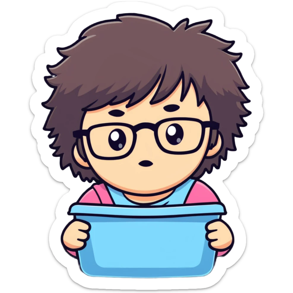 Girl with glasses with messy hair, making a cranky face, refusing to wash her hair sticker