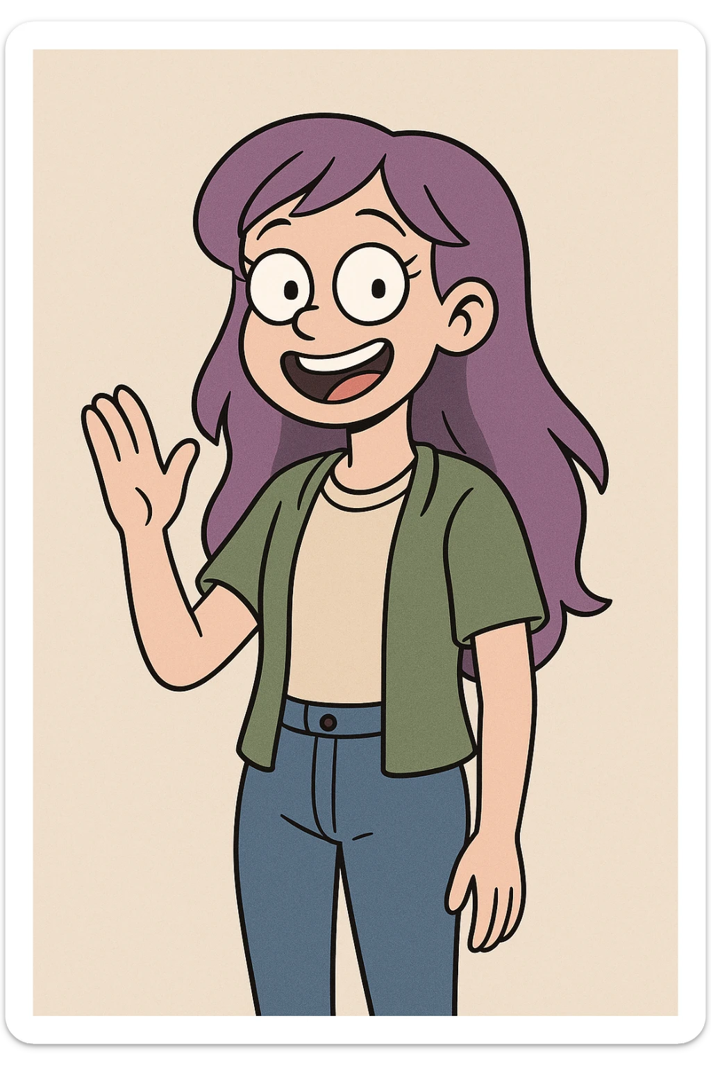 cheerful girl with long purple hair, casual outfit, smiling, modern cartoon style sticker