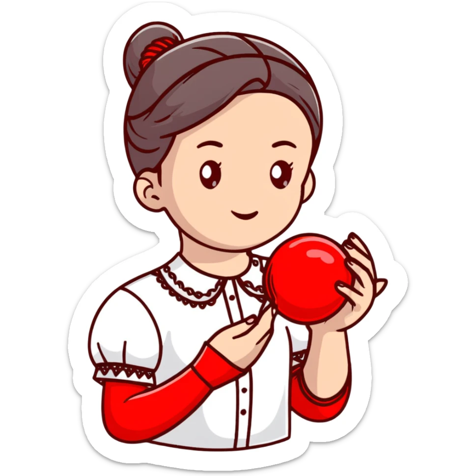 Ukrainian young girl in a white embroidered shirt holds a red ball of thread in her hand sticker