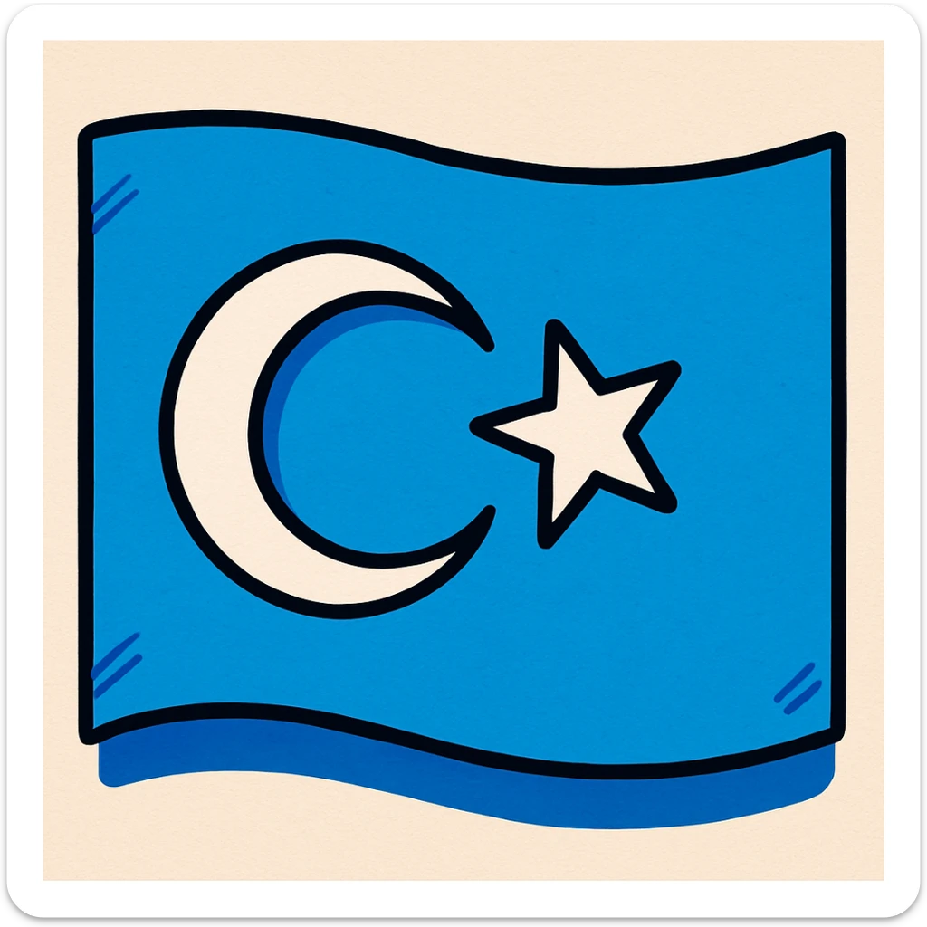 flag of East Turkistan, blue background, white crescent moon and star, vibrant toon style sticker