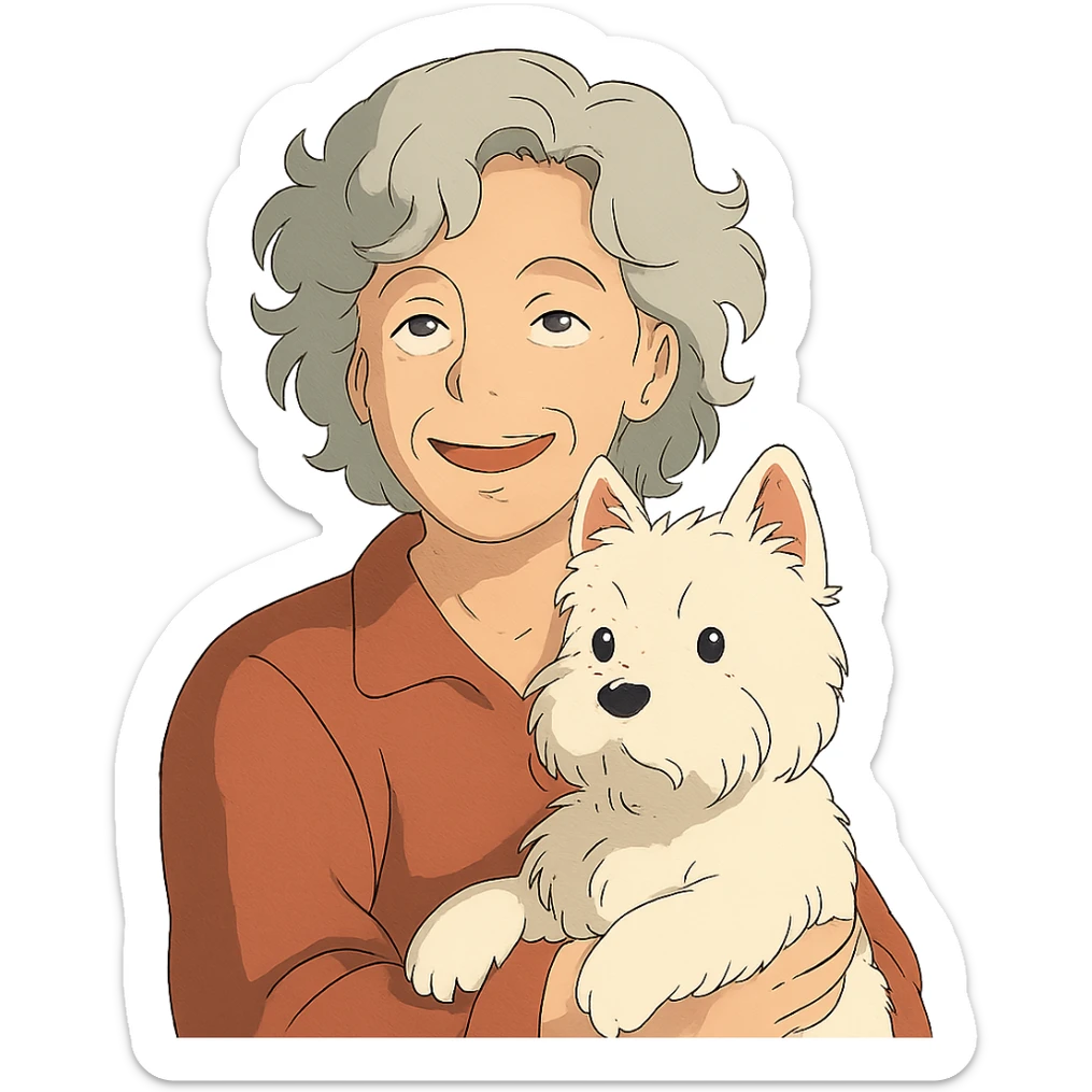 50-year-old woman with silver curly hair, smiling, with a Westie dog, ghibli style sticker