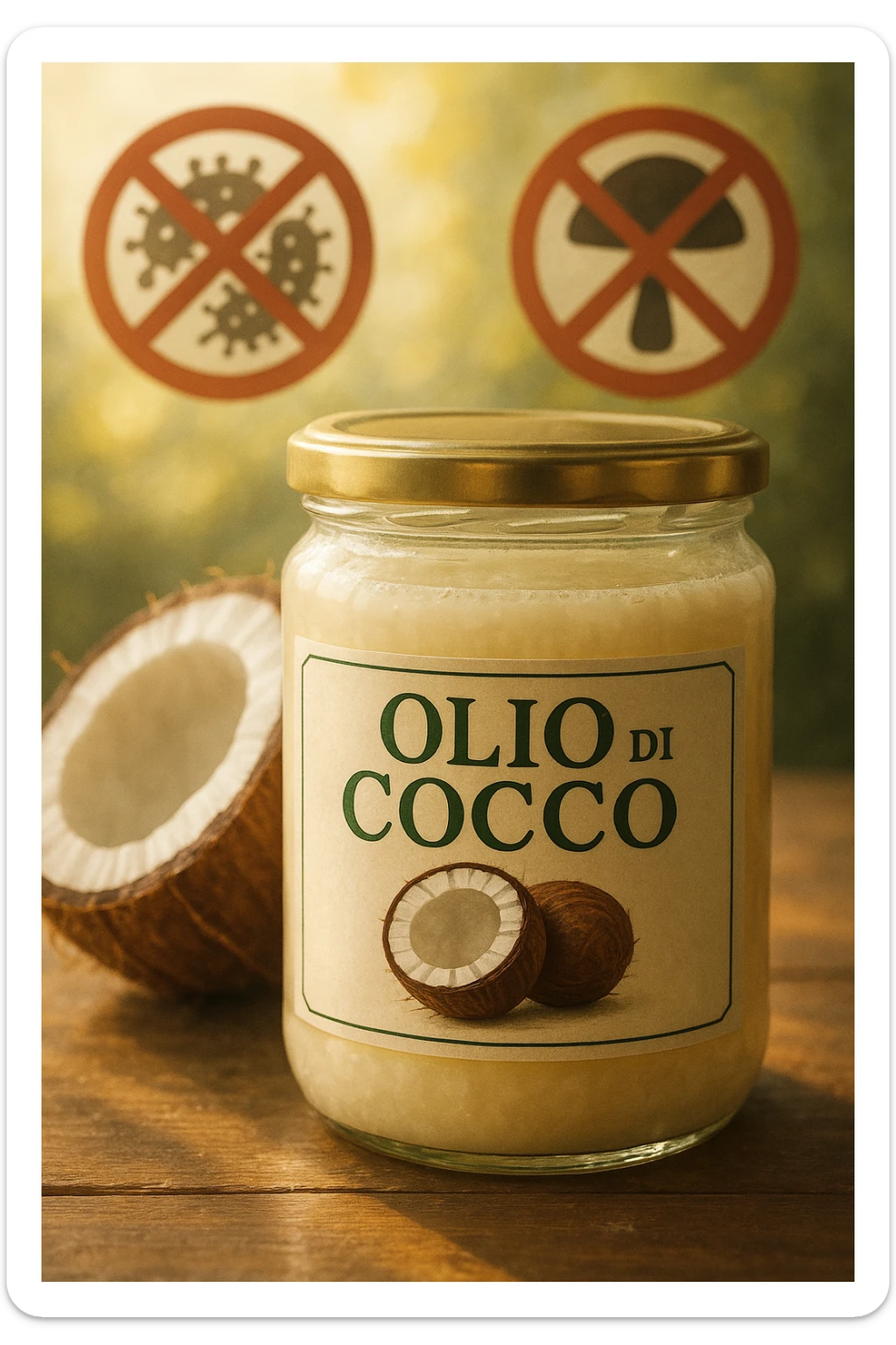 realistic and cinematic illustration of coconut oil in a jar with Italian label, visual symbols of protection against dysbiosis and fungi (stylized bacteria and fungi crossed out), bright atmosphere, vertical 2:3 aspect ratio, no other text. sticker