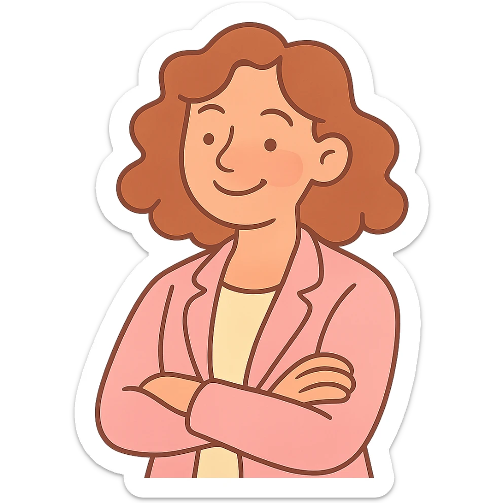 portrait of a compassionate, confident woman with wavy hair, warm and uplifting expression, approachable professional style, gentle pastel colors, soft background sticker