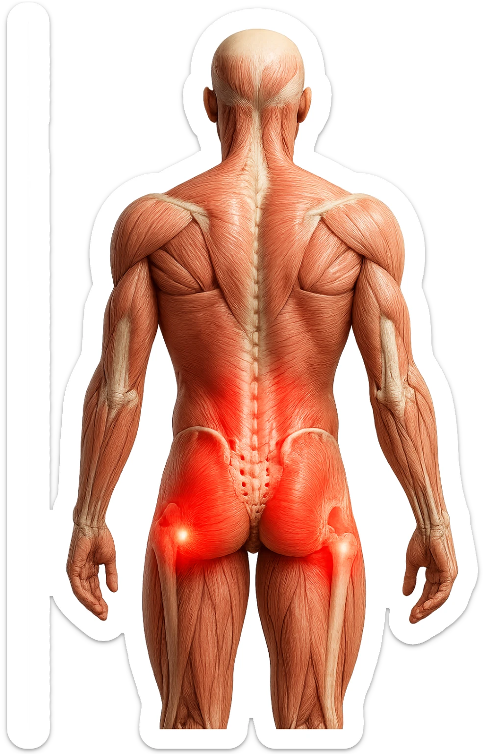 CORPO UMANO ANATOMICO REALISTICO DI SPALLE CON DOLORE ALLA LOMBARE INFIAMMATA, DOLORE ALL'ANCA, IPERREALISTICO 4K sticker