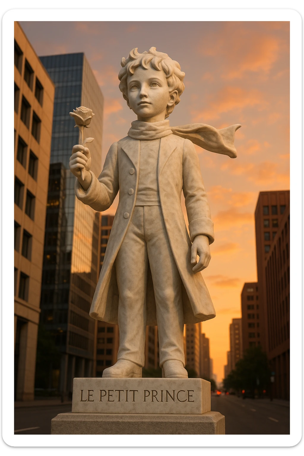 Full-length marble sculpture of the Little Prince holding a rose, set in a modern city. The pedestal is engraved with [TEXT]. Ultra-realistic, sunset, view from below. sticker