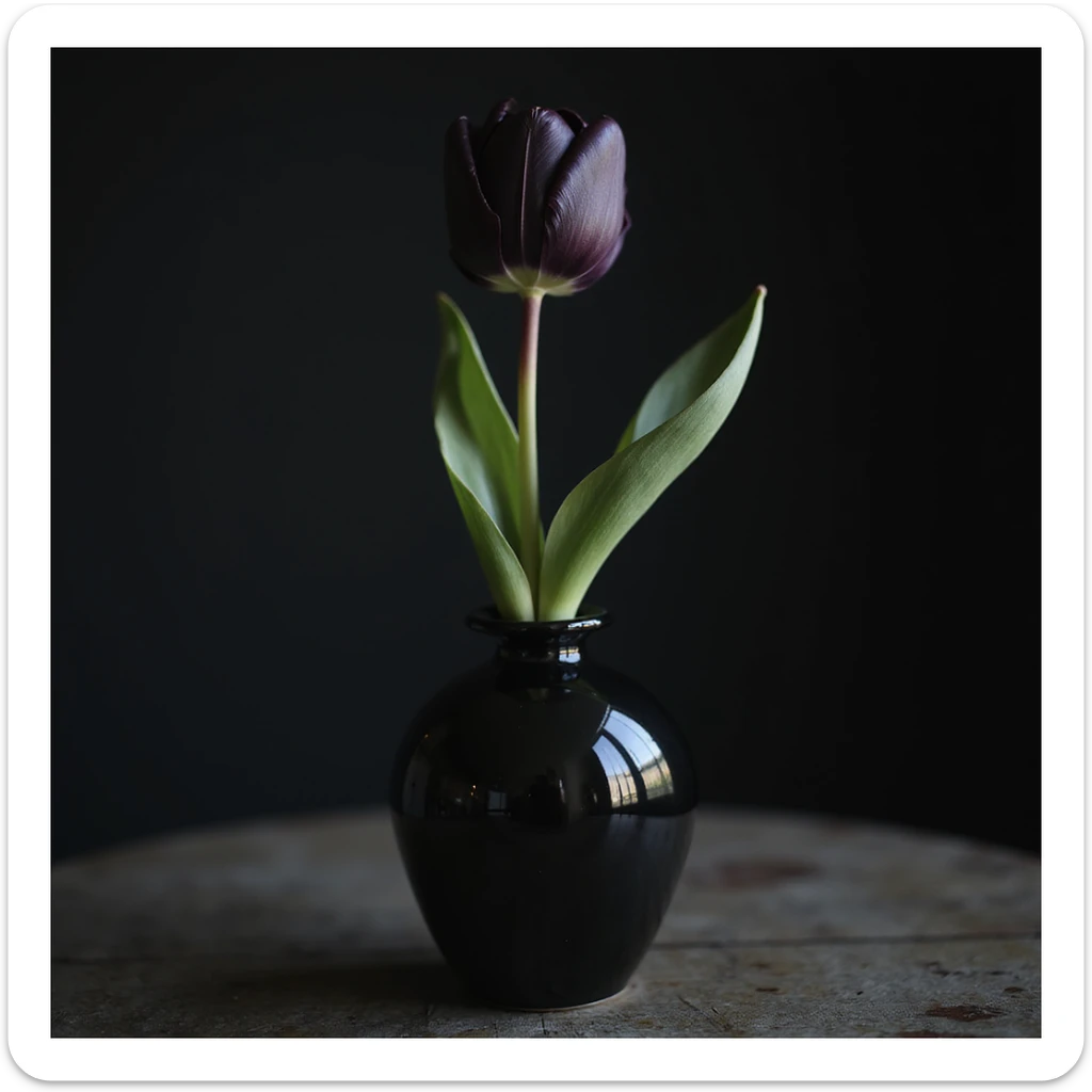 realistic goth tulip with black petals in a gothic vase, photorealistic style sticker