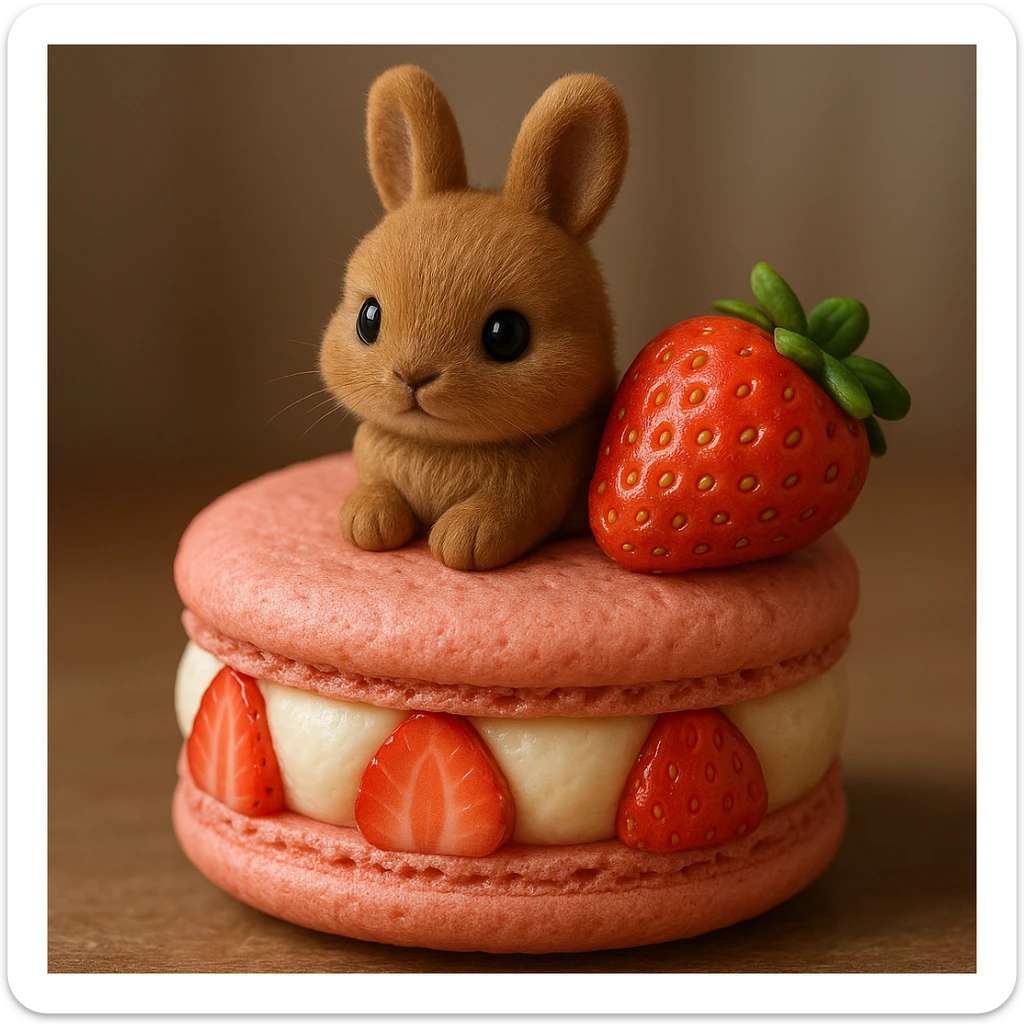 Add more details to the macaron and the bunny, enhancing the textures and features to make them more realistic and detailed in 3D iOS style. sticker
