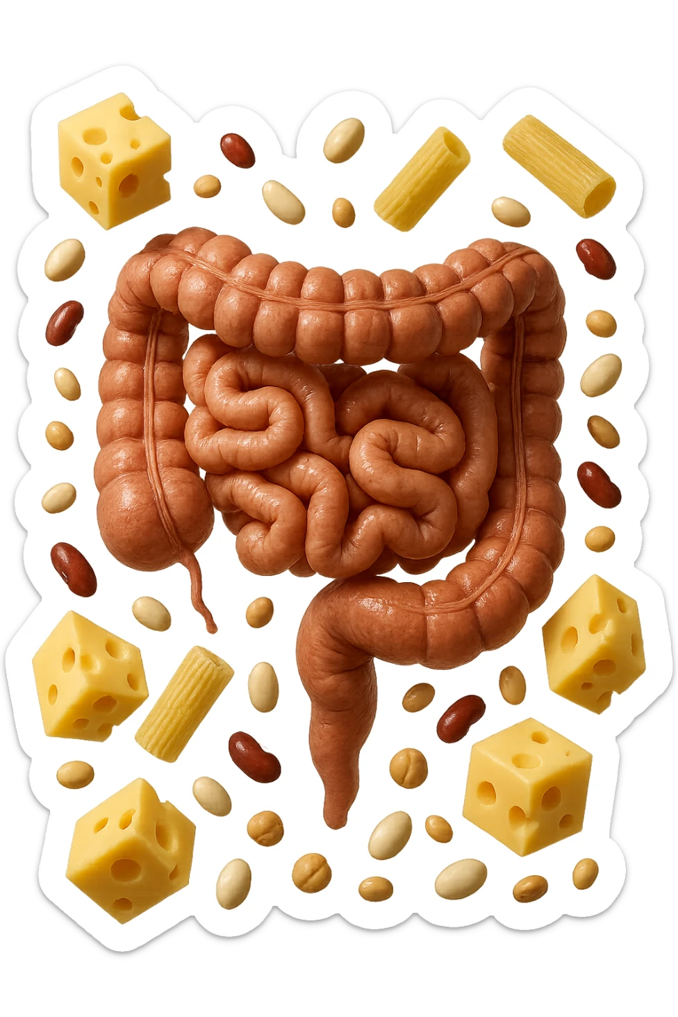 PEZZETTI DI EMMENTAL, PENNE DI PASTA RIGATE E LEGUMI FLUTTUANO INTORNO AD UN INTESTINO UMANO ANATOMICO REALISTICO, iperrealistico 4k sticker