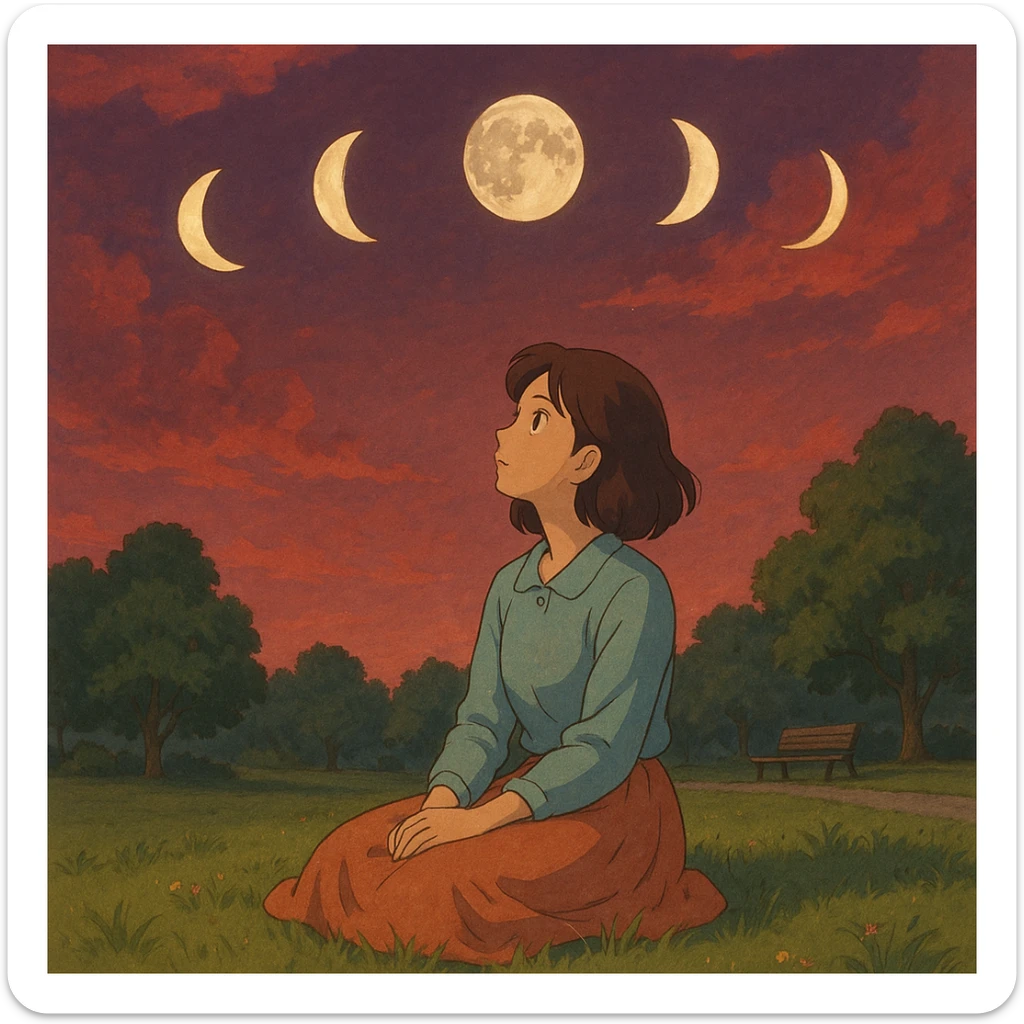 mujer sentada en el pasto en un parque, cielo rojizo, mirando hacia arriba, lunas de las 4 fases alrededor, estilo ghibli, ilustración suave y detallada sticker