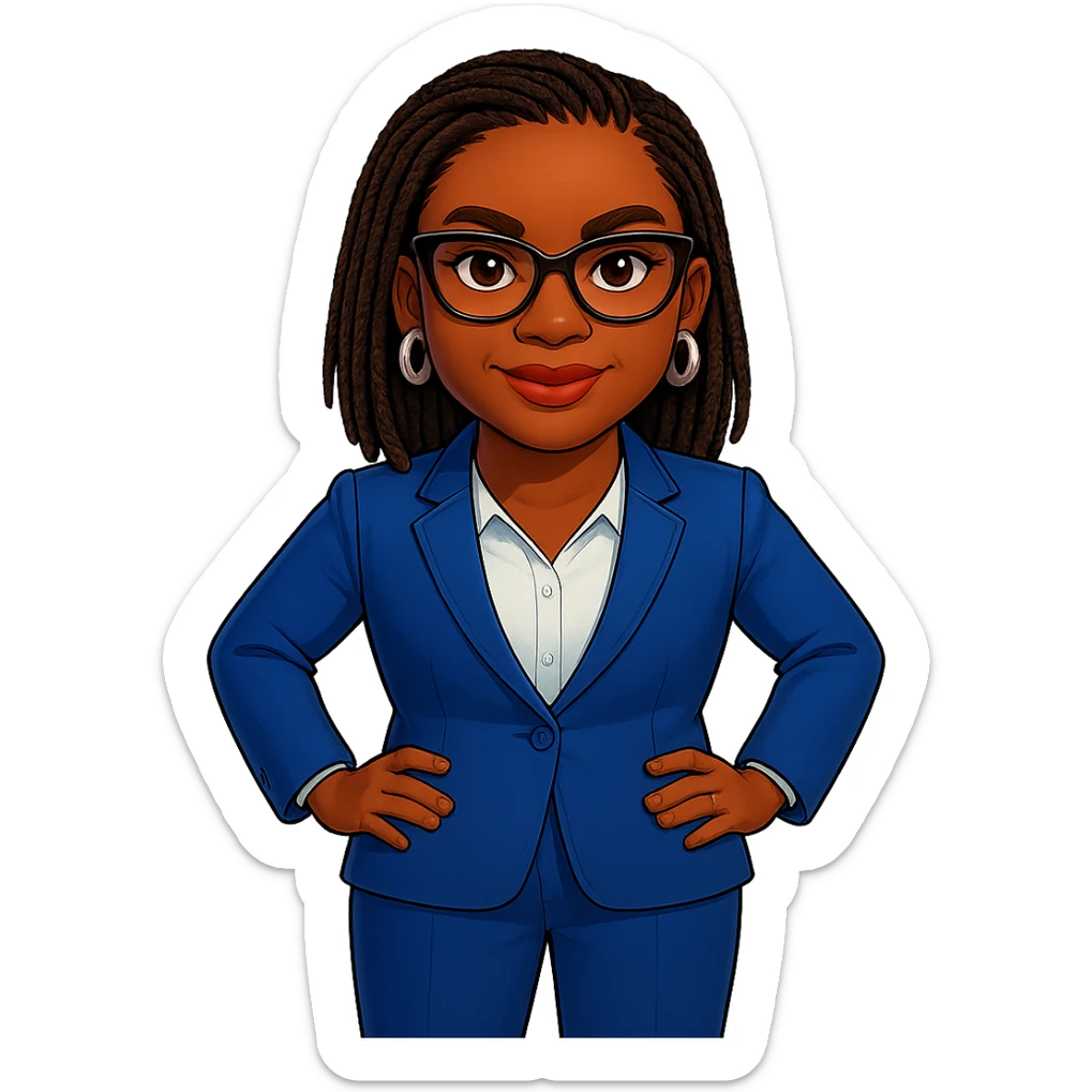 Kemi Badenoch confident emoji with glasses and braided hair standing, transparent background sticker