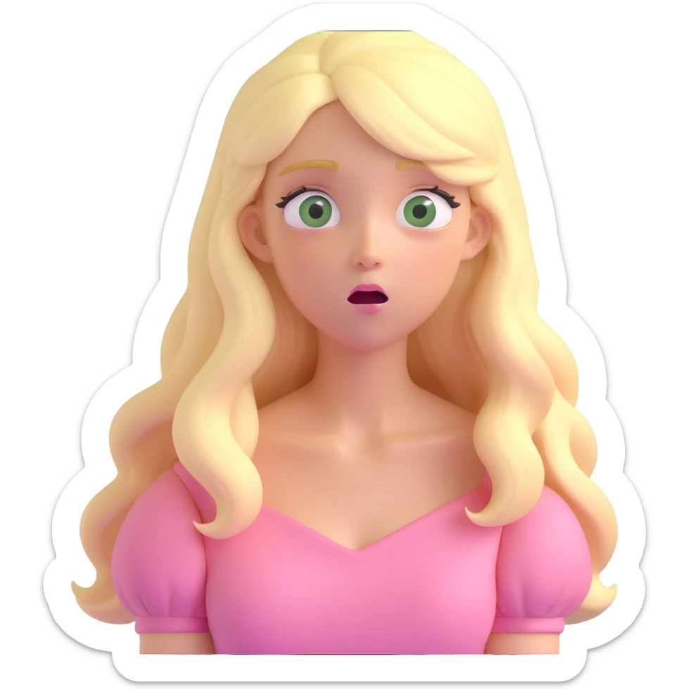 a 3d IOS realistic style emoji of a blonde with long hair and swamp eyes in a pink pastel dress surprised sticker
