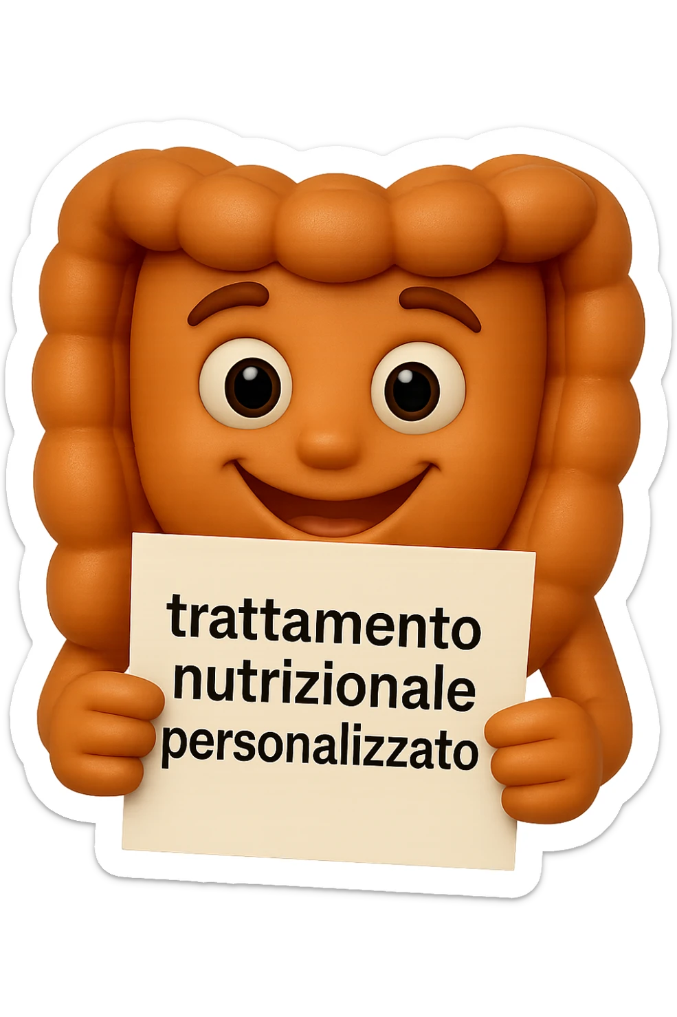 emoji stile iphone di un intestino felice che legge un foglio con la scritta "trattamento nutrizionale personalizzato", non fargli il naso, iperrealistico 4k sticker