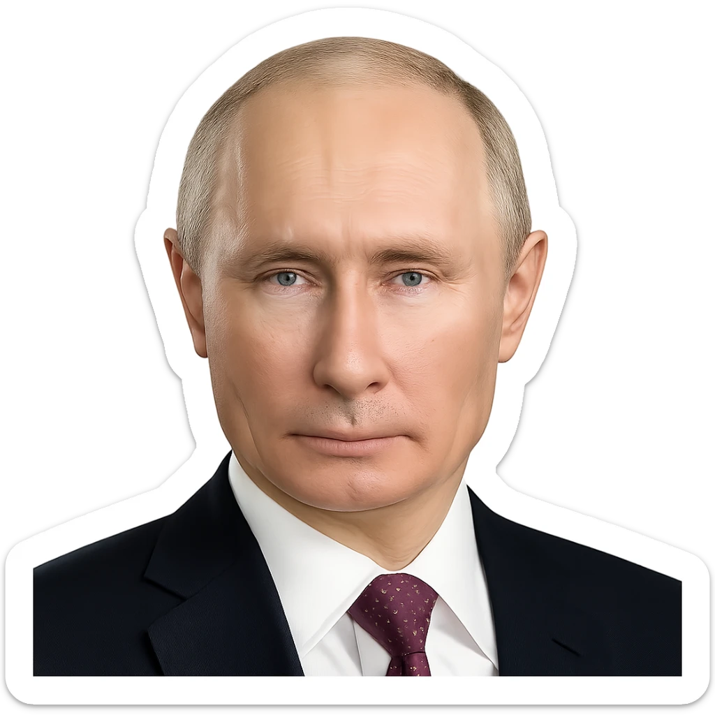 portrait of Vladimir Putin, as close to real as possible, highly accurate facial structure, lifelike skin, signature features, subtle emoji polish, neutral background sticker