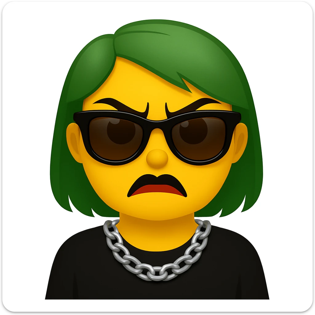 Create an emoji style image of a girl with green hair and an angry expression. She has brown eyes, lipstick blended with black and red, black sunglasses, and a chain necklace. sticker