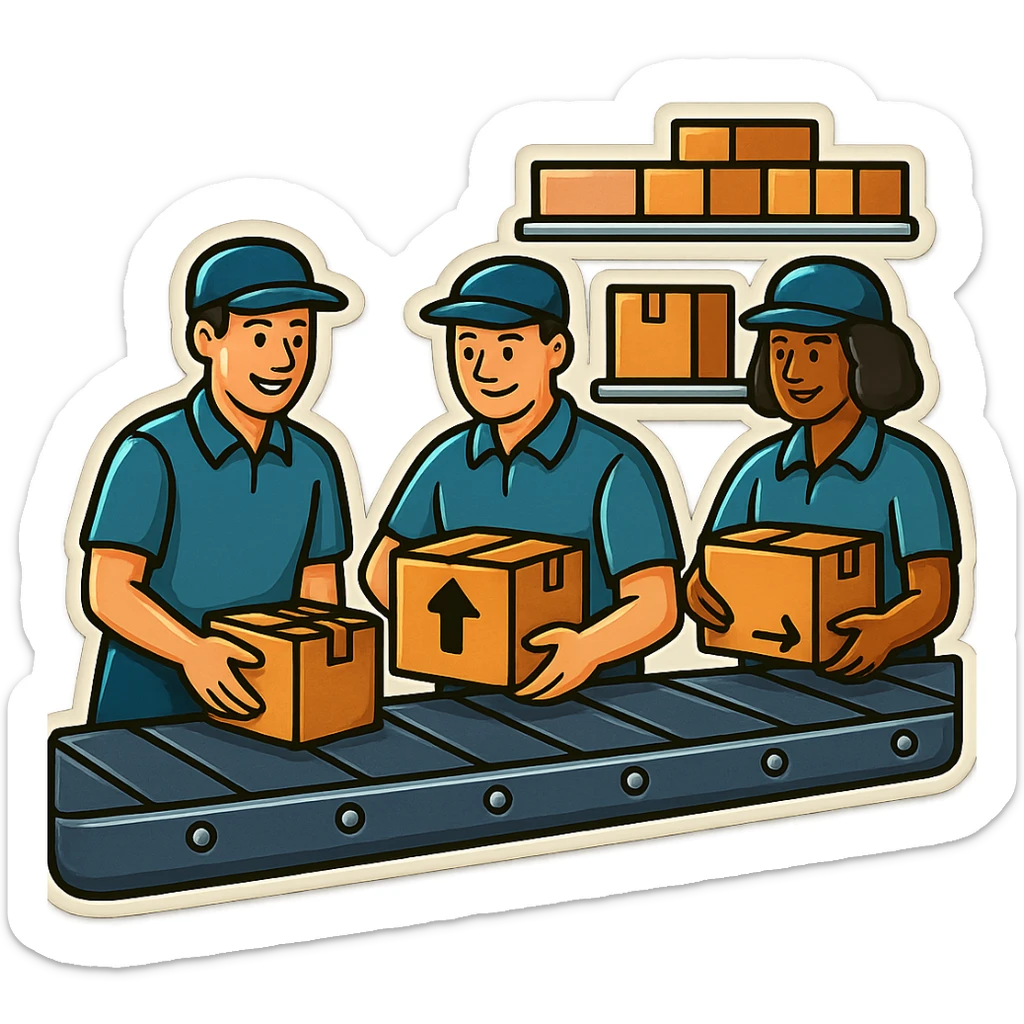 Картинка конвейерной ленты, по ней едут коробки, люди сортируют коробки в разные стороны sticker