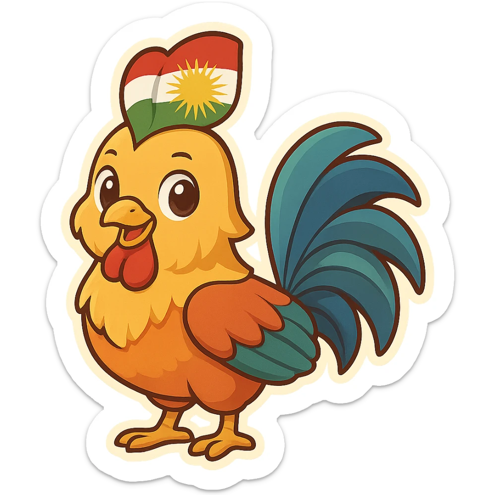 colorful and cheerful cartoon sticker of a Kurdish rooster (native rooster of Kurdistan), no text, suitable for WhatsApp and Instagram, transparent background sticker