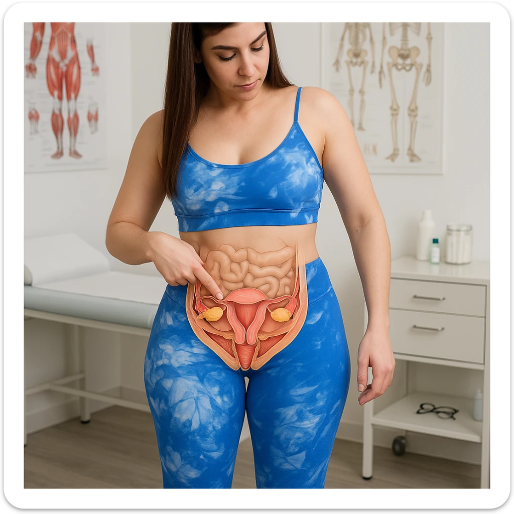A slender woman in 4K in a medical office, pointing to the pelvic and abdominal area, with a transparent anatomical illustration showing the uterus, bladder, intestine, and pelvic floor muscles, inspired by the reference photo. sticker
