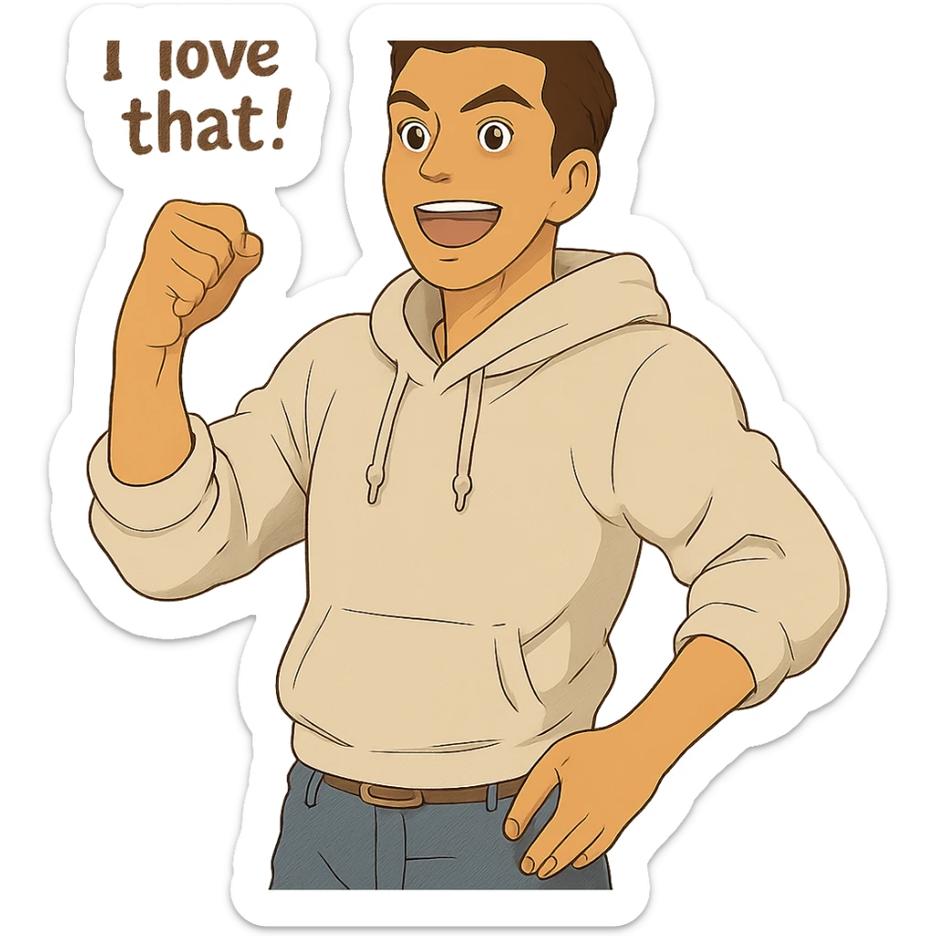 1 male, mid fade haircut dark chestnut brown hair, lighter tan skin, white athletic hoodie sleeves up, faded fashion jeans, red fashion-sneakers shoes, pose from my hero academia:  A portrait showing him saying : "I love that!" sticker