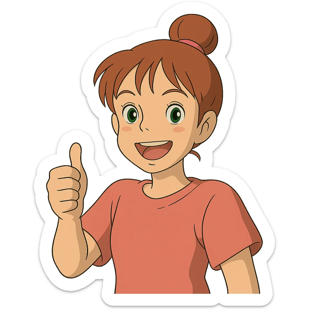 girl with pink topknot haircut and green eyes giving a thumbs up sticker
